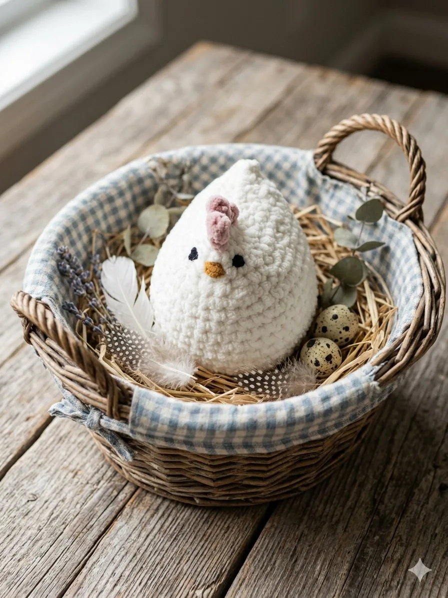 Gallina de crochet hecha a mano en una canasta